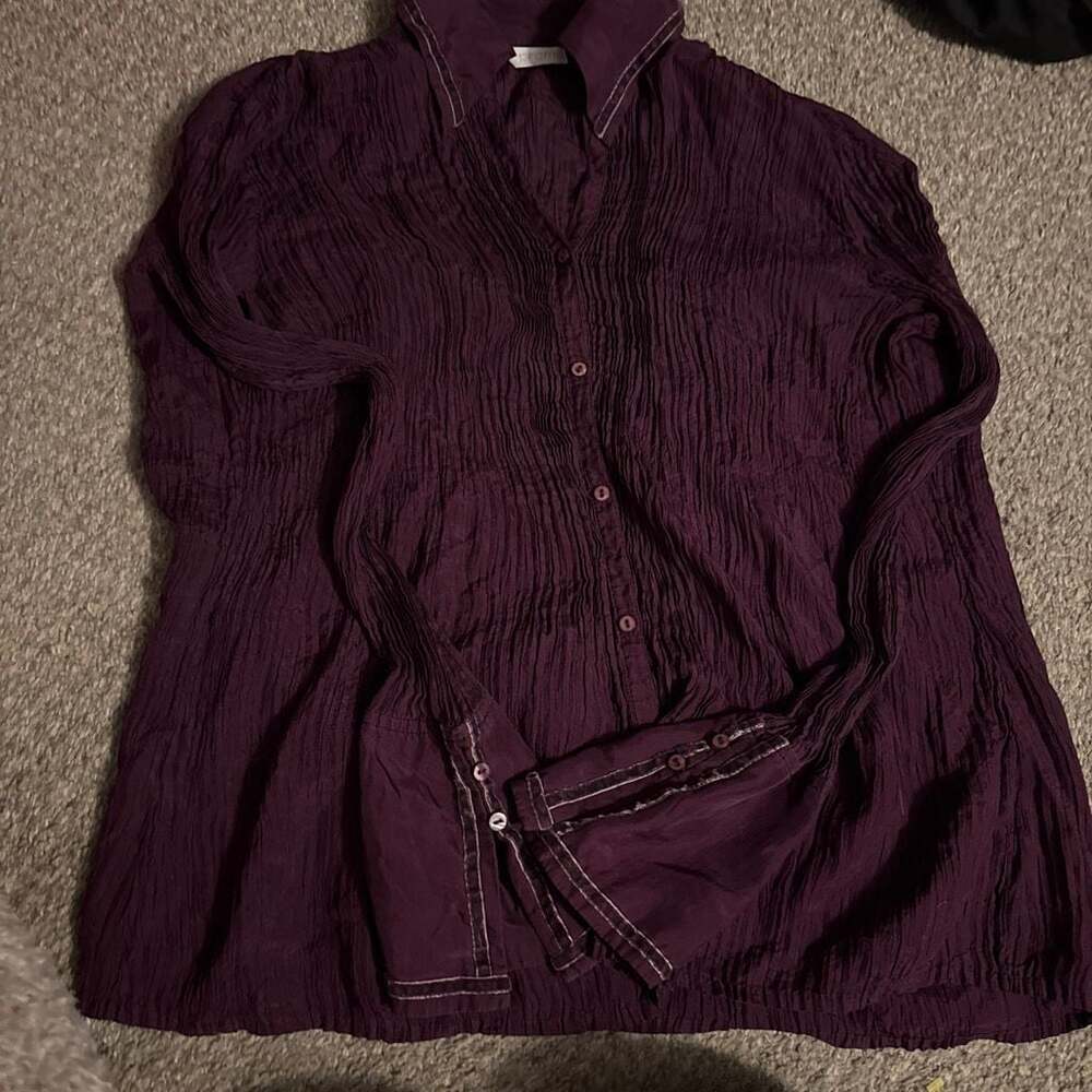 Promod Women's Crinkled 100% Silk Button-Down Blouse in Plum Purple